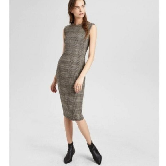 Theory Wool Plaid Power Dress 8 Brown Black Career Work Office Business Tweed - Picture 3 of 11